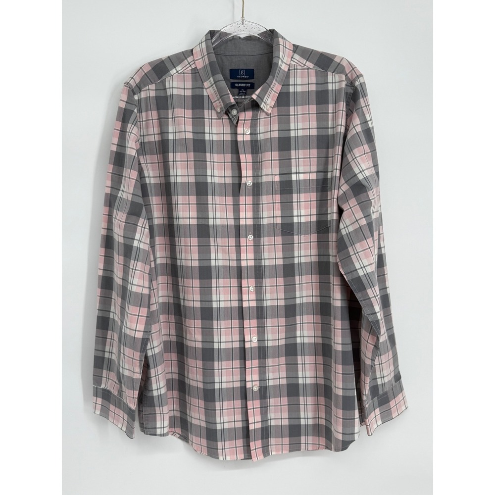 George Mens Sz XL Classic Fit Pink Grey Plaid Button Down Shirt Long Sleeve